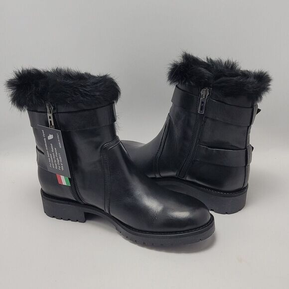 Charles David Reno Black Leather Faux Fur Buckle Side Zip Mid Ankle Boots Sz 38 - Picture 14 of 14